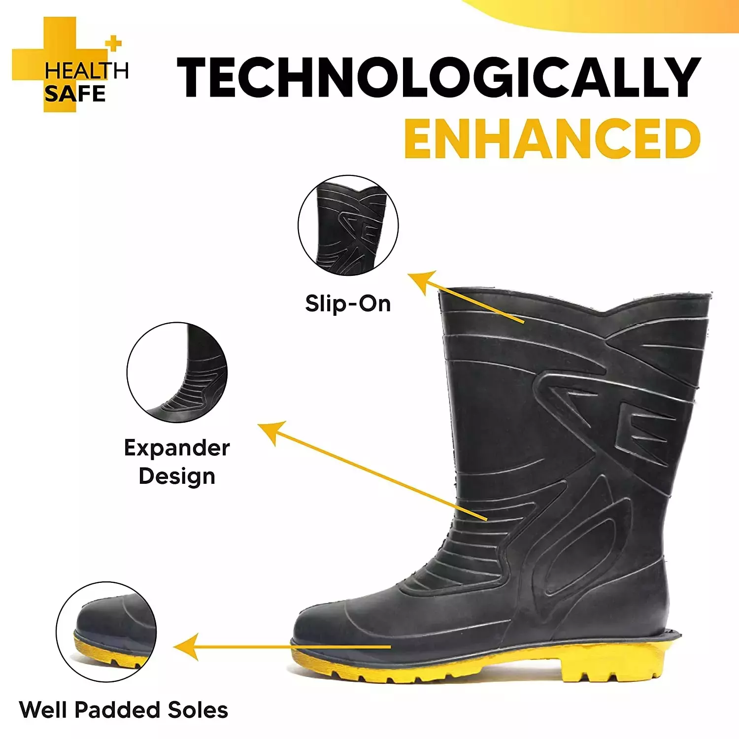 Health Safe PVC High Ankle  Black and Yellow Safety Gum Boots, Size 10