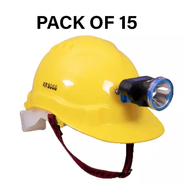Safe Dot Airboss Safety Helmet with Light & Ratchet Adjustable 4 PointCradle 10 W (LED BULB) HDPE 550 g Yellow for Industrial and Factory Use, (Pack of 15 Pcs)