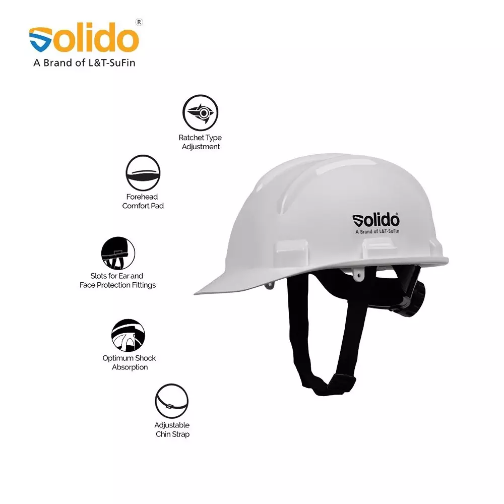 Solido Safety Helmet Polycarbonate Inner Material Air Ventilated Type Rachet Suspension White, Elite HA05R