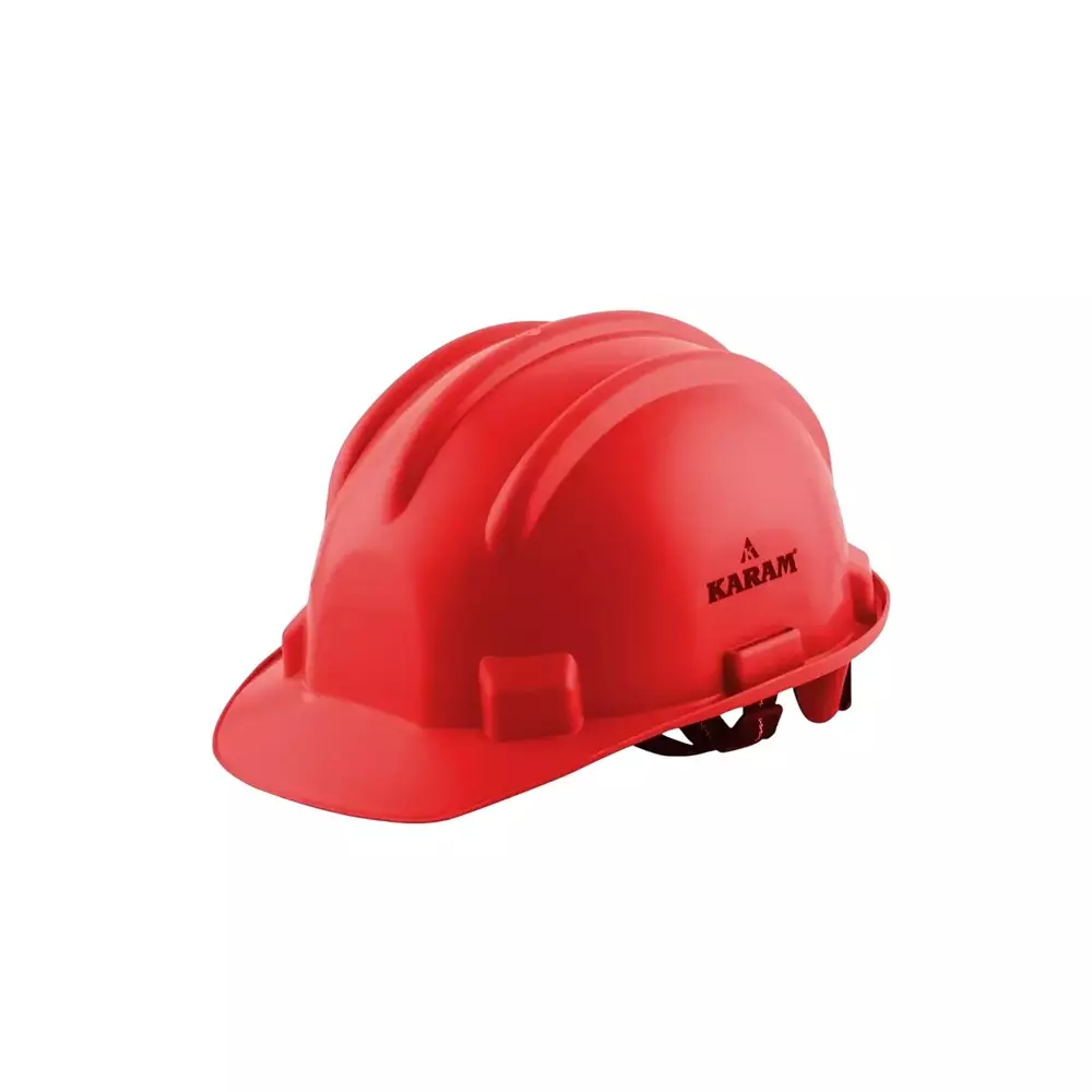 Karam Ratchet Type Safety Helmet with Protective Peak 280 x 220 x 180 mm Size Polypropylene Co Polymer Red for Industrial Use, PN521