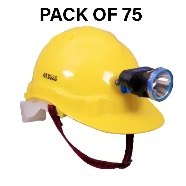 Safe Dot Airboss Safety Helmet with Light & Ratchet Adjustable 4 PointCradle 10 W (LED BULB) HDPE 550 g Yellow for Industrial and Factory Use, (Pack of 75 Pcs)