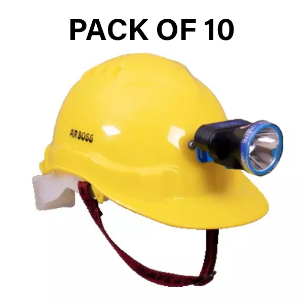 Safe Dot Airboss Safety Helmet with Light & Ratchet Adjustable 4 PointCradle 10 W (LED BULB) HDPE 550 g Yellow for Industrial and Factory Use, (Pack of 10 Pcs)