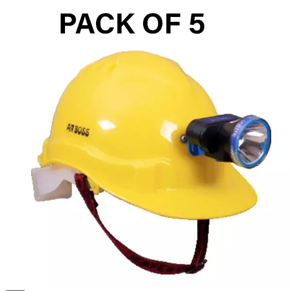 Safe Dot Airboss Safety Helmet with Light & Ratchet Adjustable 4 PointCradle 10 W (LED BULB) HDPE 550 g Yellow for Industrial and Factory Use, (Pack of 5 Pcs)