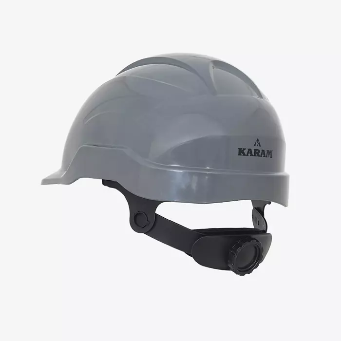 karam-sheltor-rachet-type-adjustmnet-helmet-grey-abs-with-adjustable-chin-trap-pn-574