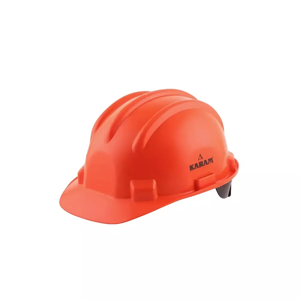 Karam Ratchet Type Safety Helmet with Protective Peak 280 x 220 x 180 mm Size Polypropylene Co Polymer Orange for Industrial Use, PN521