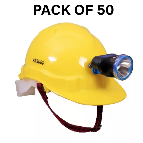 Safe Dot Airboss Safety Helmet with Light & Ratchet Adjustable 4 PointCradle 10 W (LED BULB) HDPE 550 g Yellow for Industrial and Factory Use, (Pack of 50 Pcs)