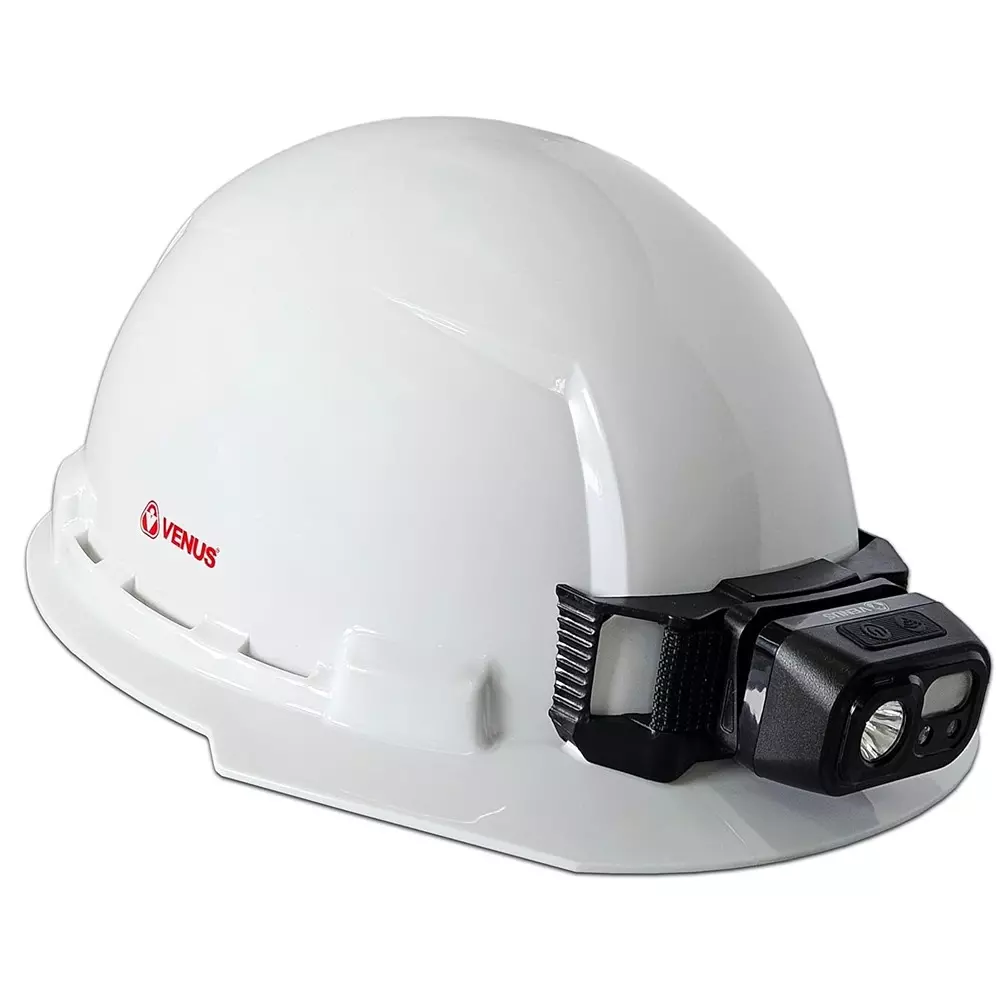 Venus H-5010 Ratchet Type HDPE Non-Vent White Safety Helmet With LED Headlamp Free Size