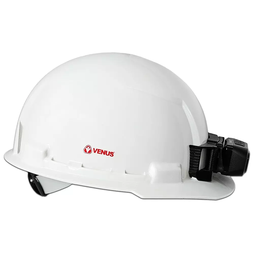 venus-h-5010-ratchet-type-hdpe-non-vent-white-safety-helmet-with-led-headlamp-free-size