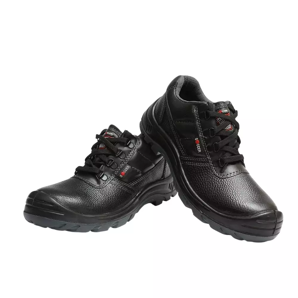 Hillson Steel Toe Safety Shoes PU Sole Mid Ankle Dual Density Black Real Leather In Shelltac Print, Size UK 10, Soccer