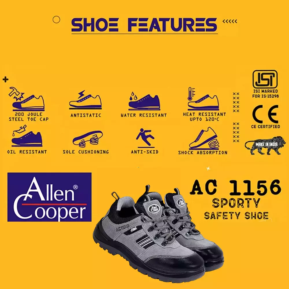 Allen Cooper Steel Toe Safety Shoes Low Ankle PU Sole Size 11 UK/India Black & Grey, AC-1156