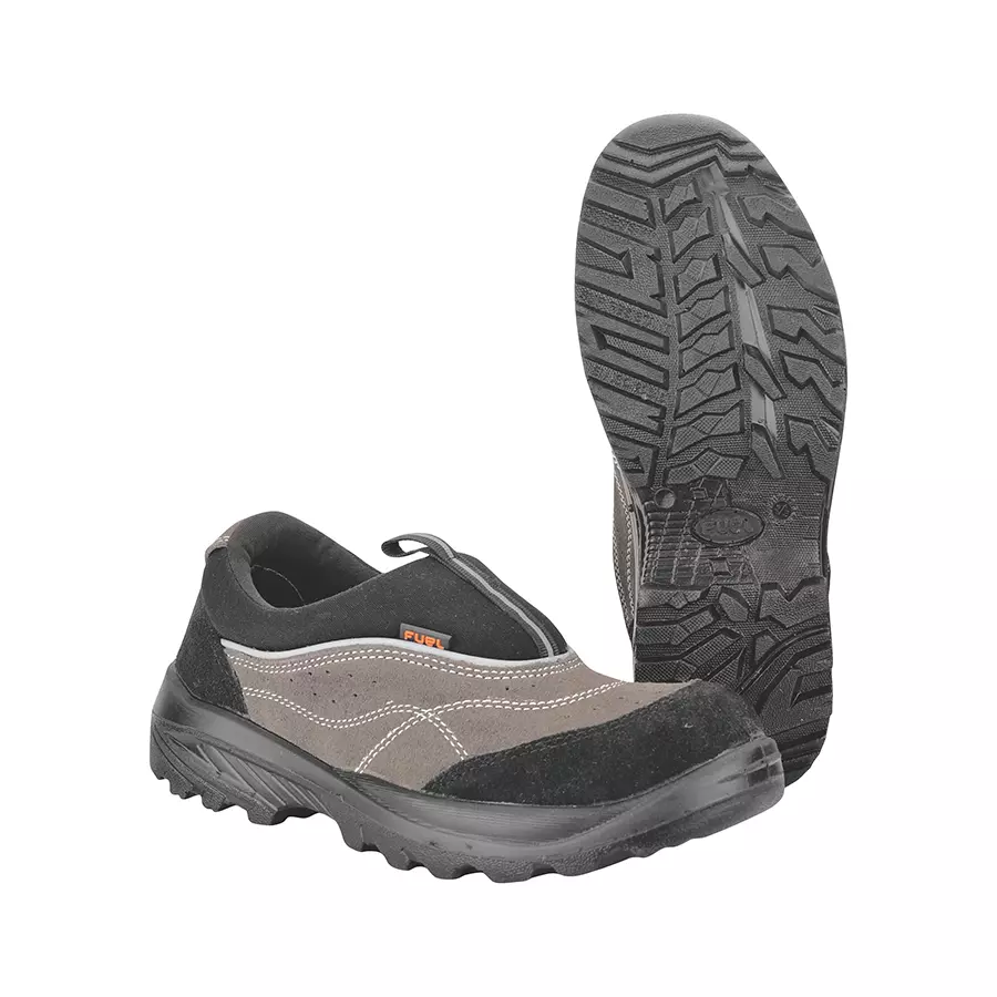 Fuel SLIP-ON Leather Slip Resistance Safety Shoes for Men with Steel Toe Single Density & PU Sole (Black & Grey, Size-6)