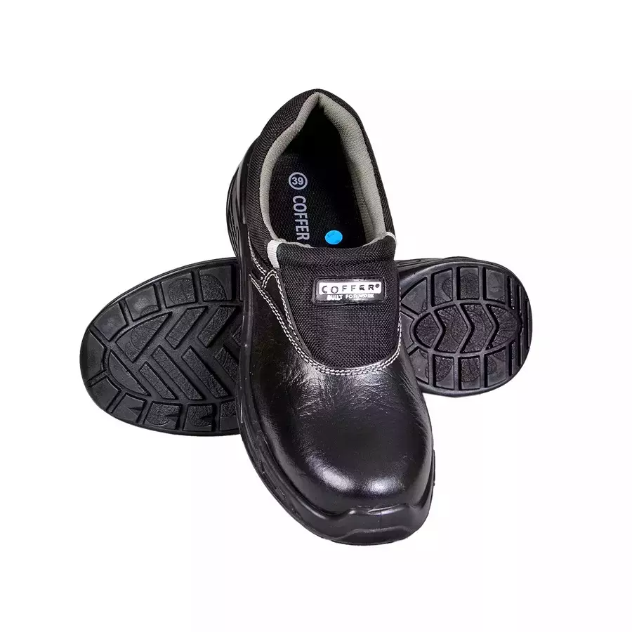Coffer Safety Steel Toe Safety Shoes Low Ankle PU Sole Single Density Black Leather Size UK 8, 1177