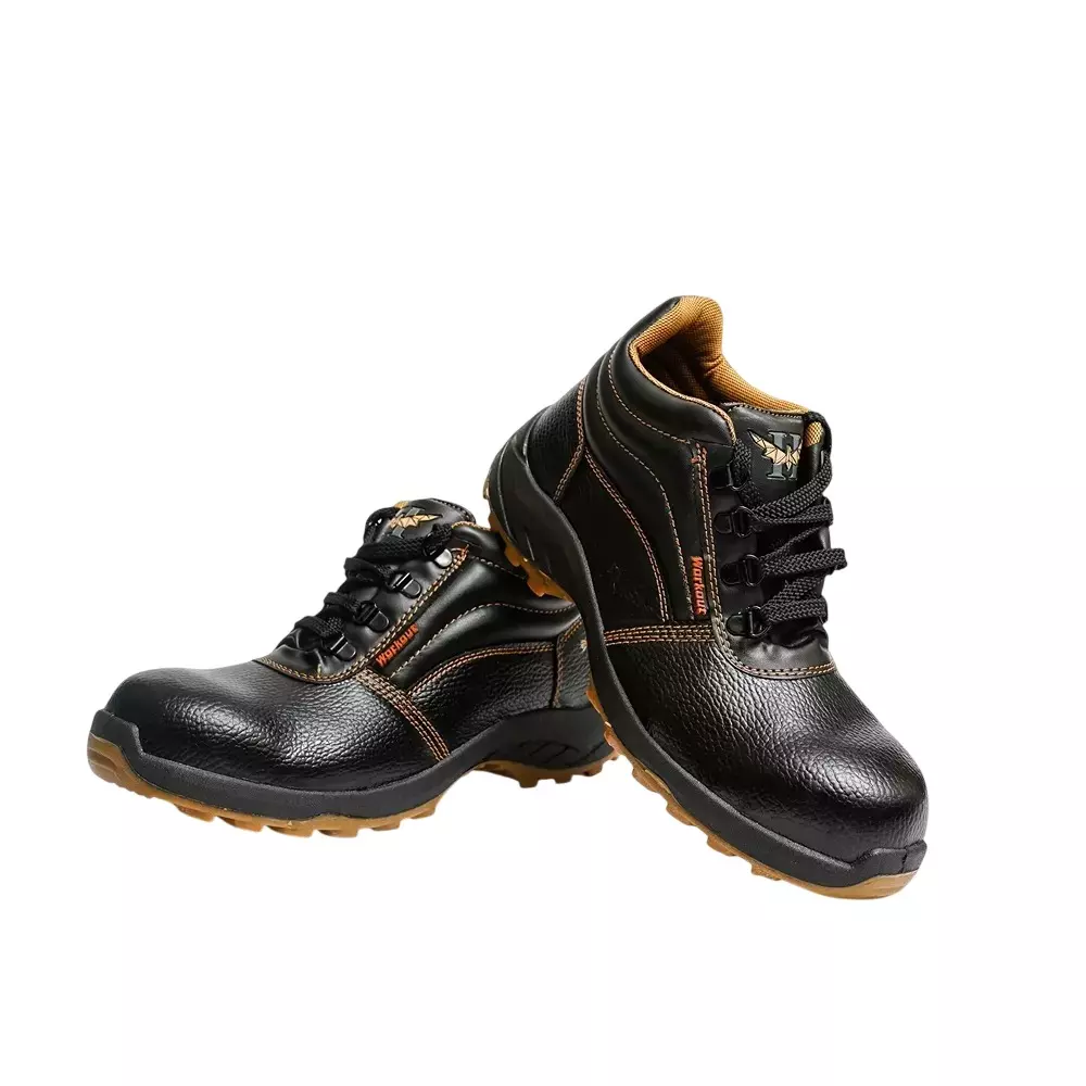 Hillson Re-Enforced Toe Safety Shoes PVC Sole High Ankle Dual Density Black Synthetic Leather, Size UK 5, WORKOUT