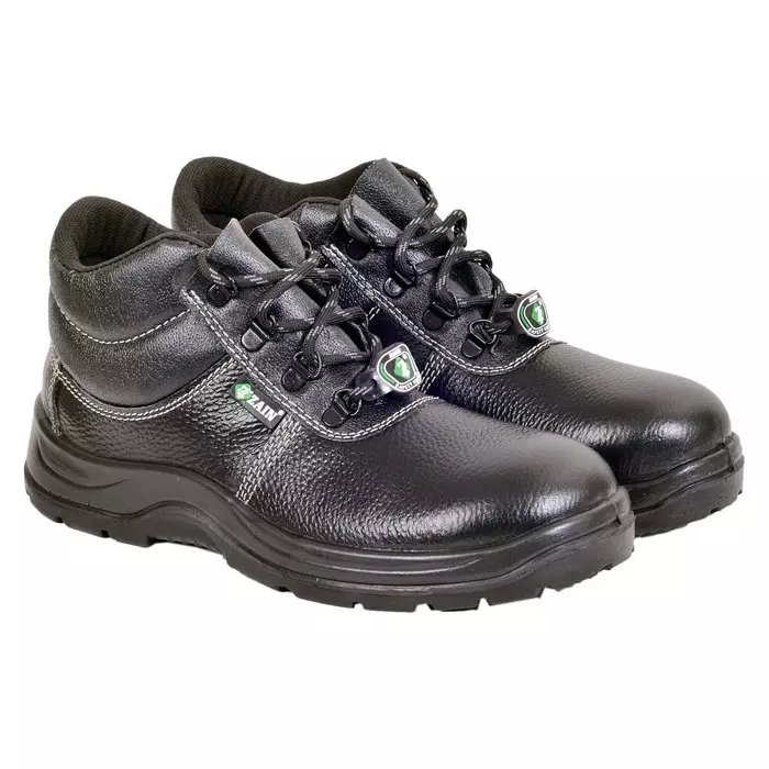 Zain Safety Economical Steel Toe Safety Shoes PU Single Density High Ankle Black Buff Barton Genuine Leather Size UK5, RIDER