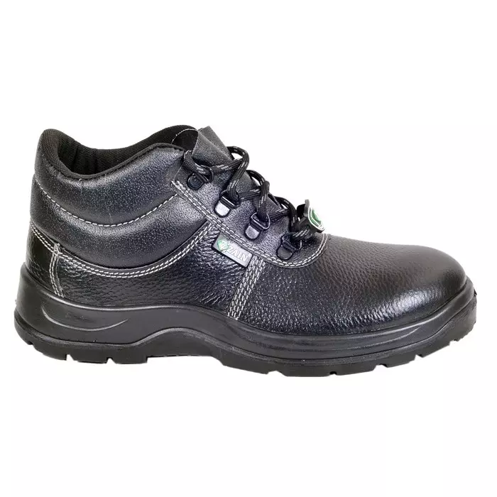 Zain Safety Economical Steel Toe Safety Shoes PU Single Density High Ankle Black Buff Barton Genuine Leather Size UK5, RIDER