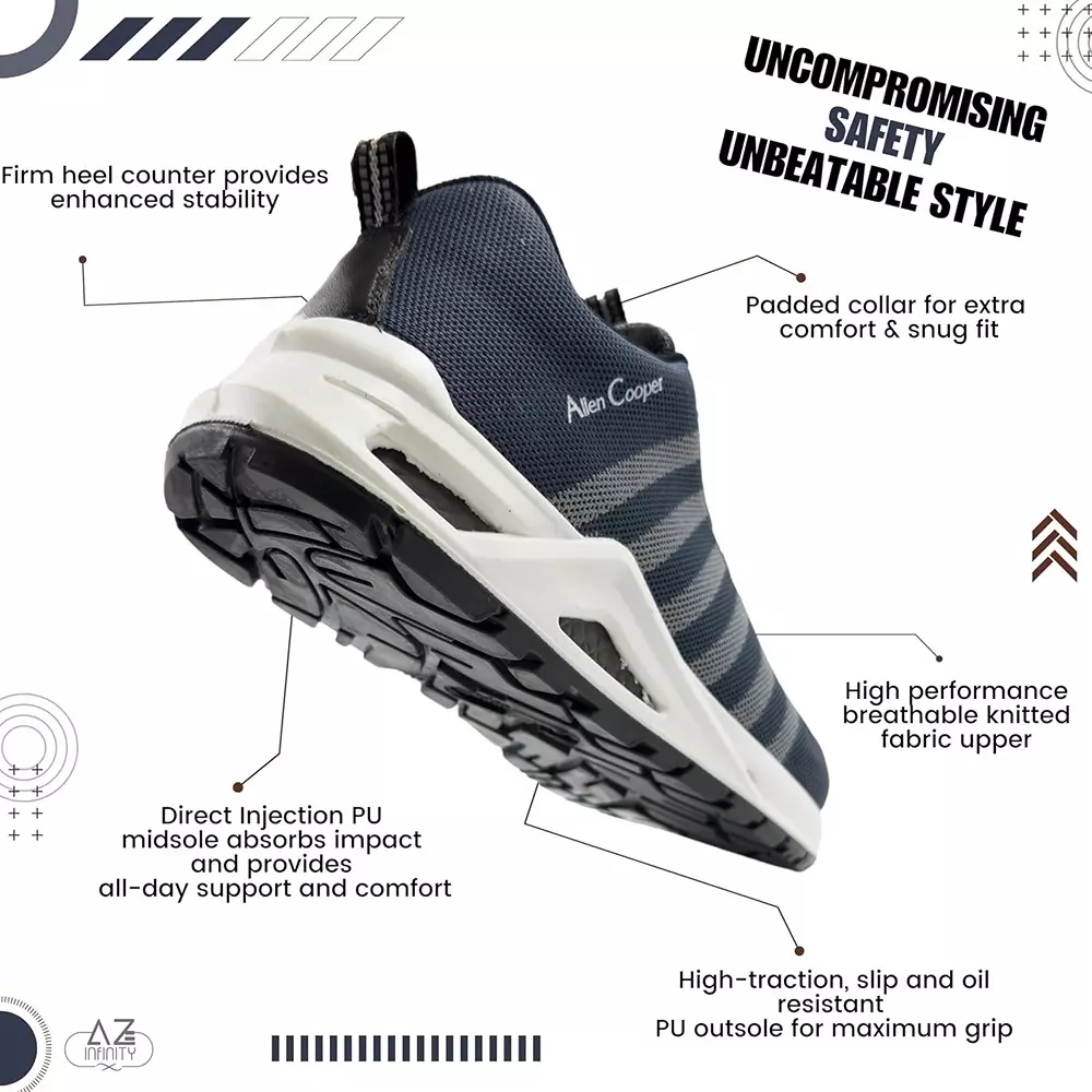 Allen Cooper Composite Toe Safety Shoe Low Ankle PU Sole UK 10 Size Grey for Industrial Use, ACF 11719