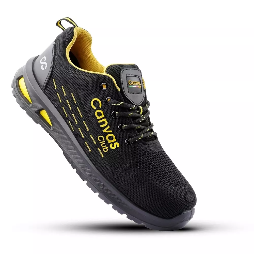Canvas Club PARMA S1 200 J Steel Toe Safety Shoe Low Ankle PU Sole UK 12 Size Black & Yellow Premium Knitted Textile