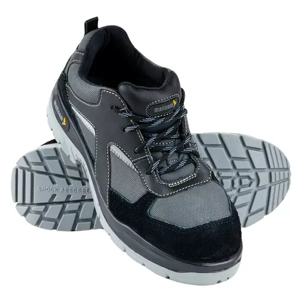 Mallcom Steel Toe Safety Shoes Low Ankle Double Density PU Sole Black & Grey Microfibre Size UK 10, Rufus M01