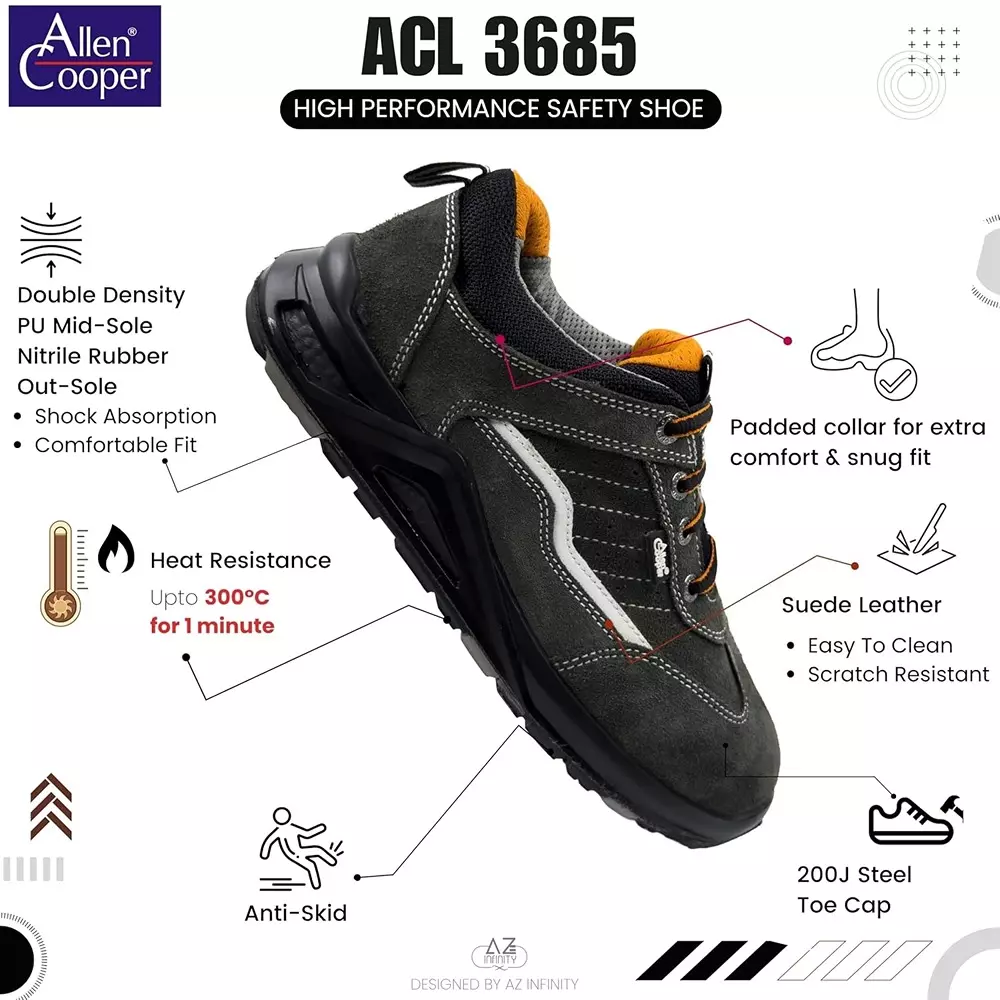Allen Cooper Steel Toe Safety Shoe Low Ankle Nitrile Rubber Sole UK 11 Size Grey for Industrial Use, ACL 3685