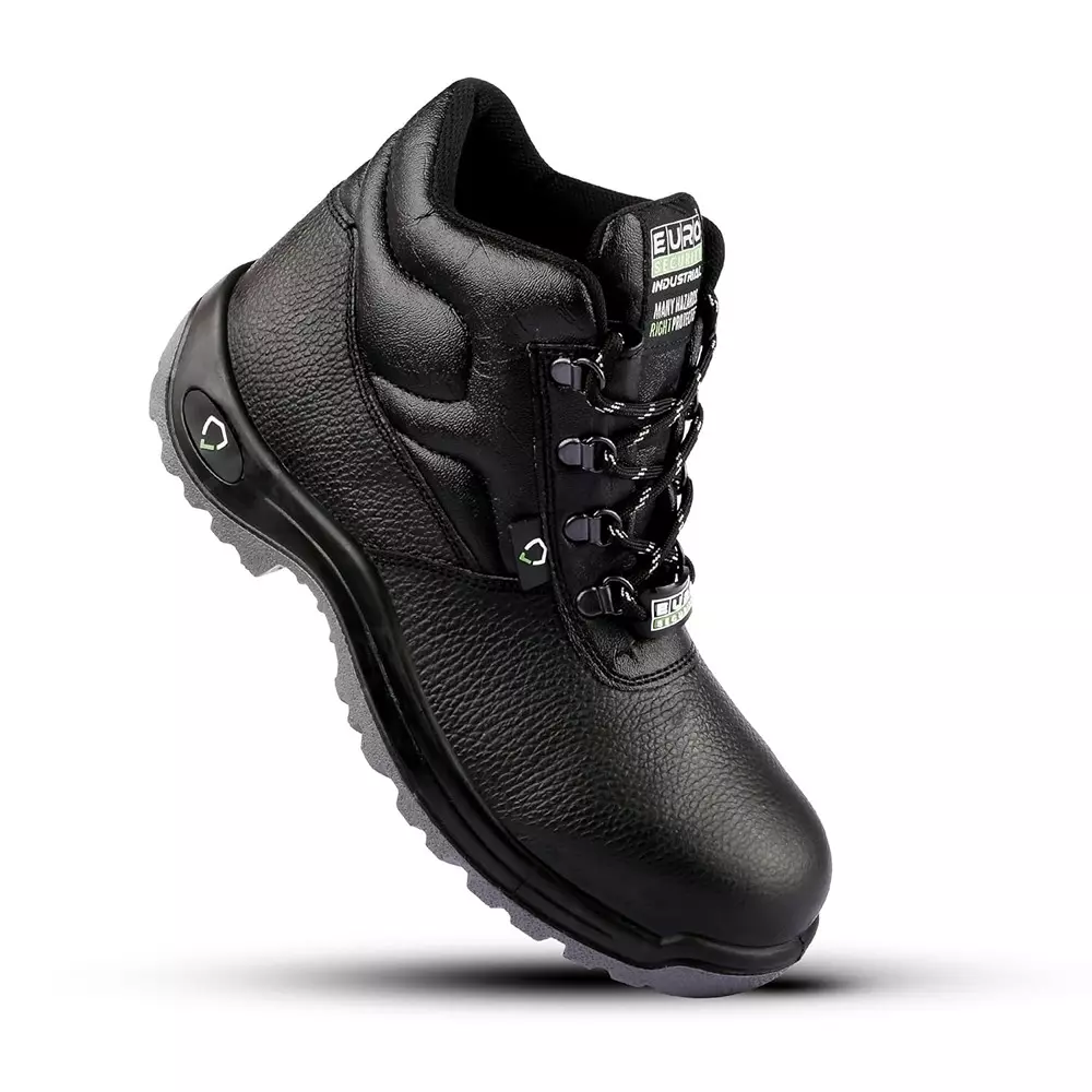 Euro Security TERMINATOR 200 J Steel Toe Safety Shoe High Ankle PU Sole UK 9 Size Grain Leather Black for Industrial Use