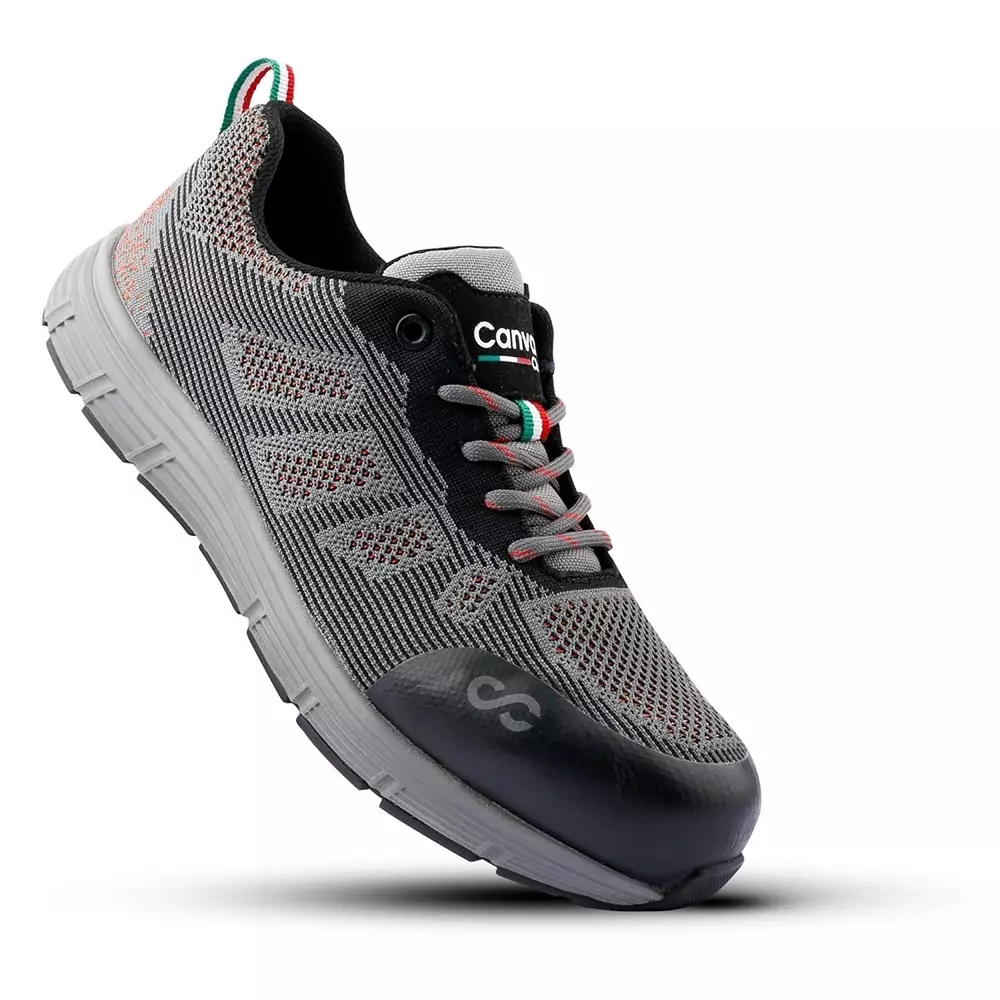 Canvas Club PISA 200 J Fiber Glass Toe Safety Shoe Low Ankle Phylon Rubber Sole UK 8 Size Grey Premium Knitted Textile