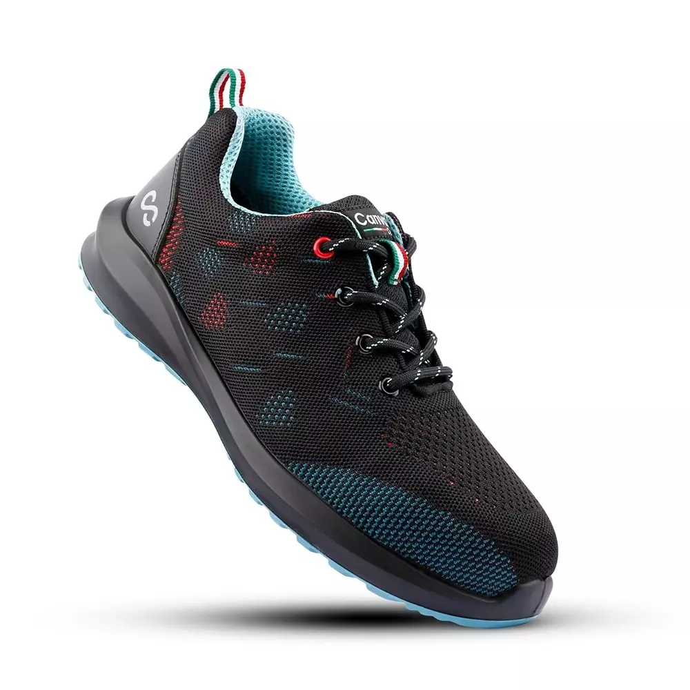 Canvas Club FLORENCE Steel Toe Safety Shoe Low Ankle PU Sole UK 9 Size Black & Cean Knitted Fabric & Micro-Fiber