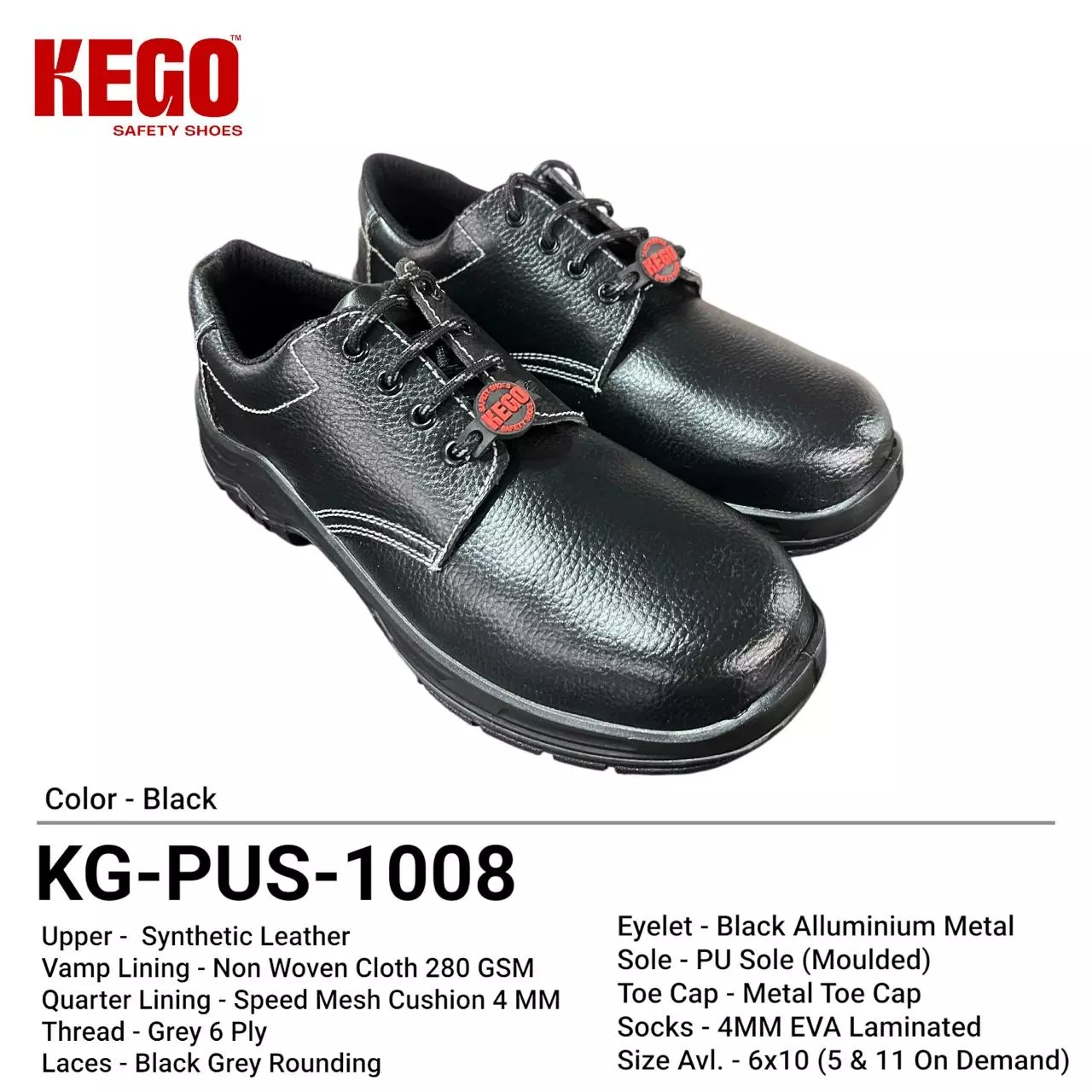 KEGO Safety Shoes Metal Toe Low Ankle PU (Moulded) Sole Black UK 6, KG-PUS-1008 (1 Pair)