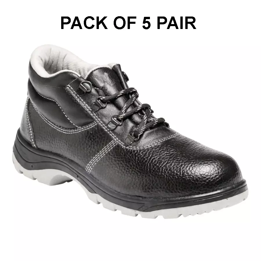 Safe N Sure Riggex Safety Shoe High Ankle PU Sole Steel Toe Genuine Buff Grain Leather Black, Grey Size UK 10 (Pack of 5 Pair)