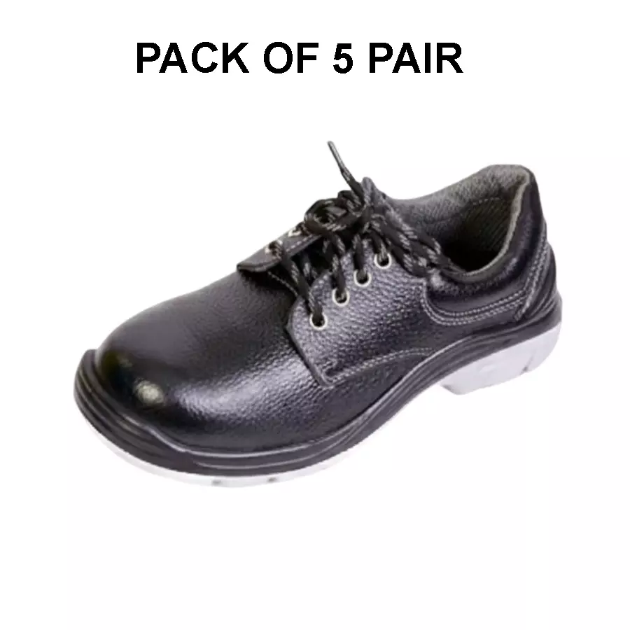 Safe N Sure DYNAX Safety Shoe Low Ankle PU Sole Steel Toe Genuine Buff Grain Leather Black Size UK 7 (Pack of 5 Pair)