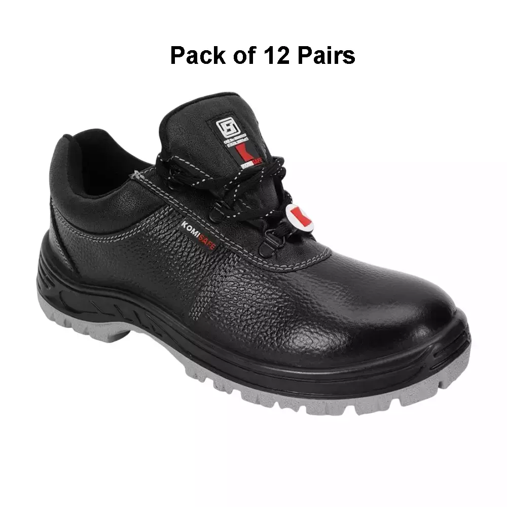 Komisafe Steel Toe Safety Shoes Double Density PU Sole Low Ankle Black Leather Size UK 7, Aviator (Pack of 12 Pairs)