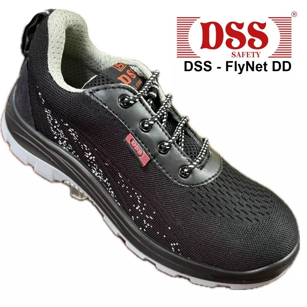 dss-fiber-toe-safety-shoes-double-density-pu-sole-low-ankle-black-fly-knit-washable-fabric-size-uk-10-dss-flynet-dd-25-pair