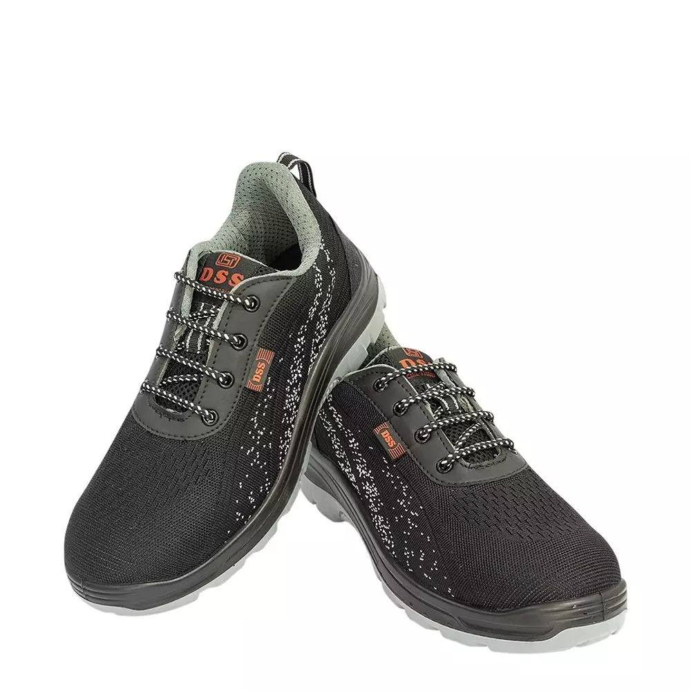 DSS Fiber Toe Safety Shoes Double Density PU Sole Low Ankle Black Fly Knit Washable Fabric Size UK 9, DSS- FlyNet DD (50 Pair)