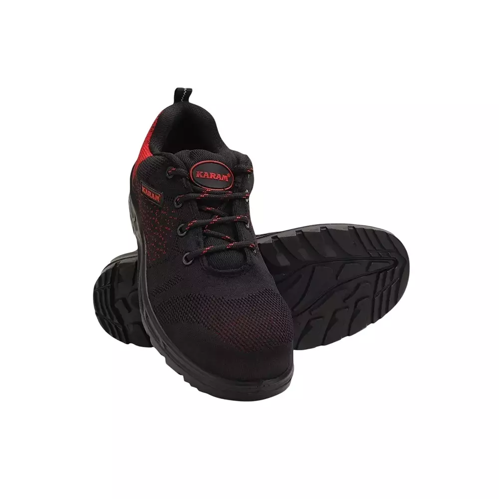 Karam PU Sole Medium Ankle Safety Shoes Flyknit Fabric Upper With Black & Red Color Print Fiber Toe Black UK 8 Size for Industrial Use, FS215FN(FWSAMN)-08 (Pack of 3 Pair)