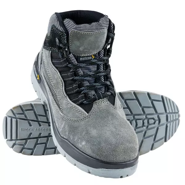 Mallcom Steel Toe Safety Shoes High Ankle Double Density PU Sole Grey Suede Leather Size UK 12, Manx Suede