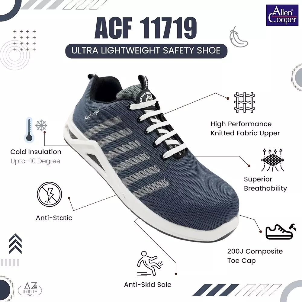 Allen Cooper Composite Toe Safety Shoe Low Ankle PU Sole UK 8 Size Grey for Industrial Use, ACF 11719