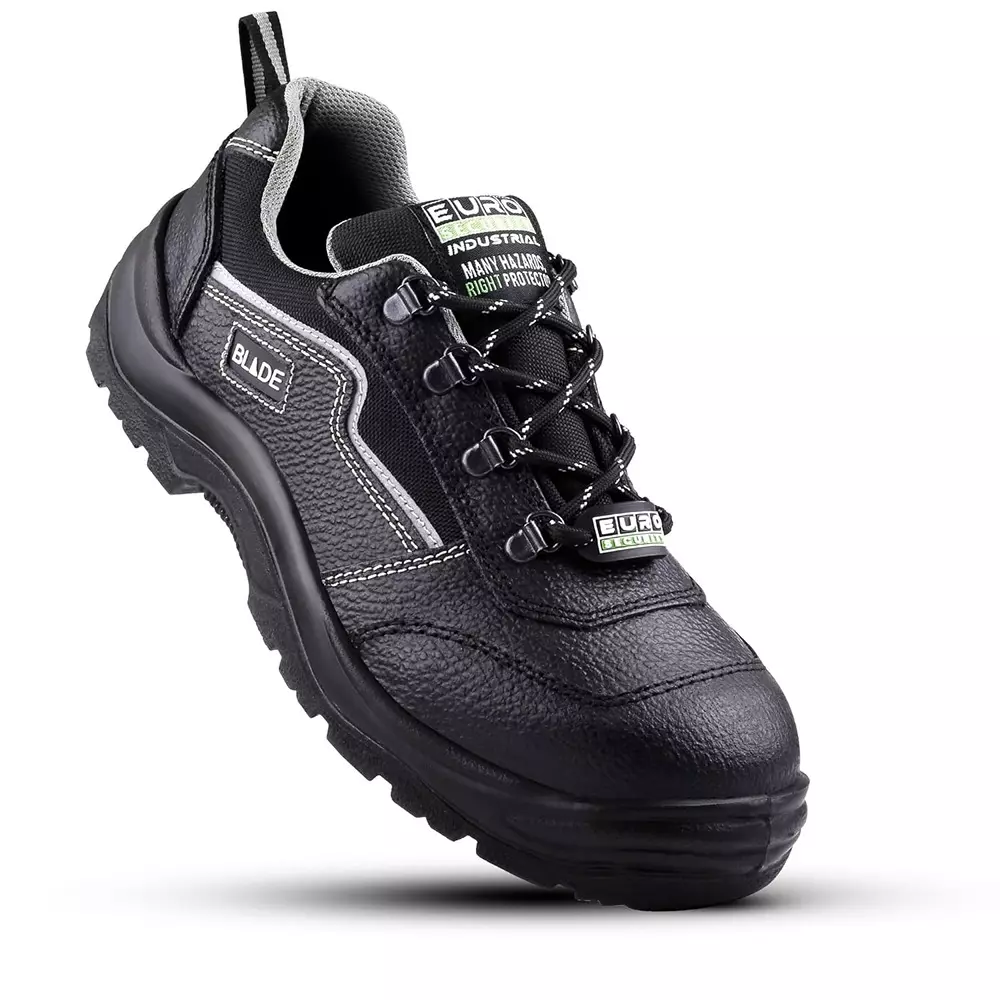 Euro Security BLADE 200 J Steel Toe Safety Shoe Low Ankle PU Sole UK 5 Size Grain Leather Black for Industrial Use