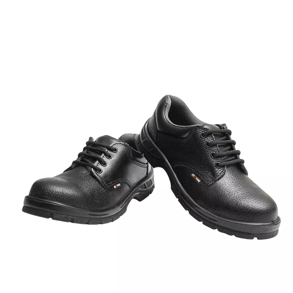 Hillson Re-Enforced Toe Safety Shoes PU Sole Low Ankle Single Density Black Real Leather, Size UK 8, 2101