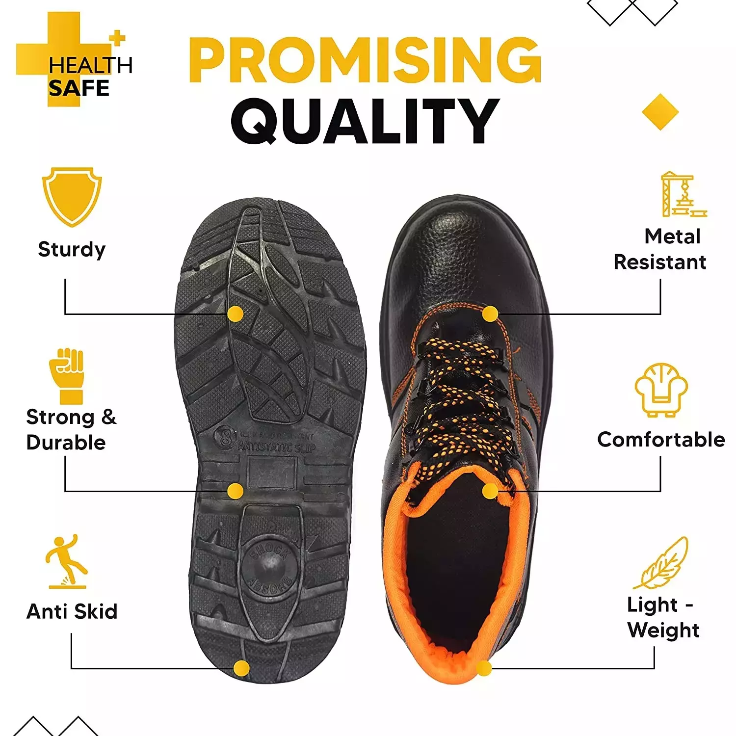 HEALTH SAFE Safety Shoes High Ankle PVC Sole Single Density Black & Orange Size UK 9, HS-SAFETY-SHOES-HA-9