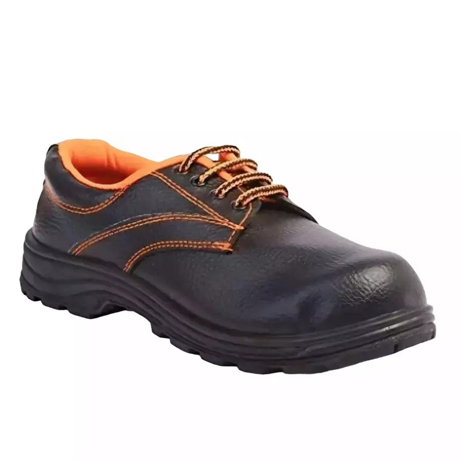 SLT-HUB Steel Toe Safety Shoes Low Ankle PVC Sole Black & Orange Rexine Size UK 10, Chetak-1 (Pack of 12 Pairs)