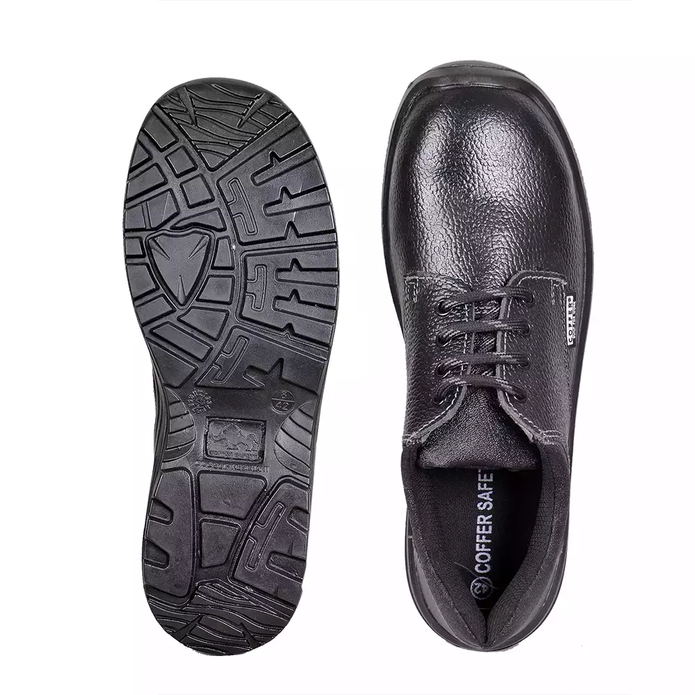 Coffer Safety Steel Toe Safety Shoes Low Ankle PU Sole Genuine Leather Black Size UK 5, CS-1012