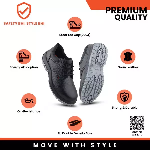 Fuel Metallic Toe Safety Shoes PU Double Density Low Ankle BlackGrain Leather for Mens Size UK7, Icon DD