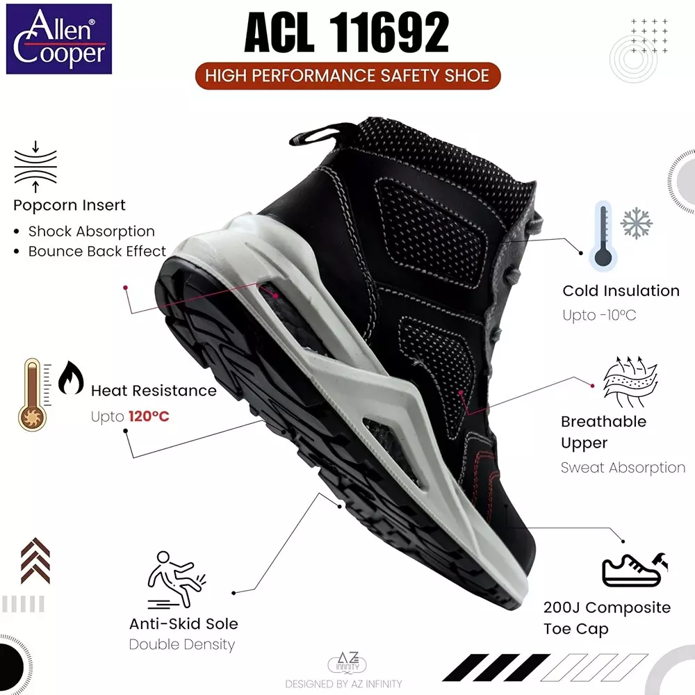 Allen Cooper Steel Toe Safety Shoe High Ankle PU Sole UK 5 Size Black for Industrial Use, ACL 11692
