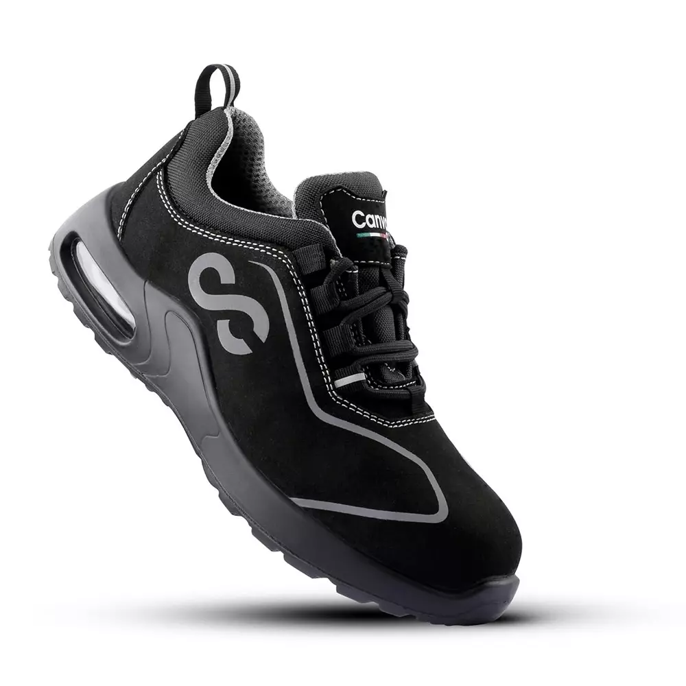 Canvas Club MILAN 200 J Steel Toe Safety Shoe Low Ankle PU Sole UK 8 Size Black Micro Fibre Suede with Reflective Print