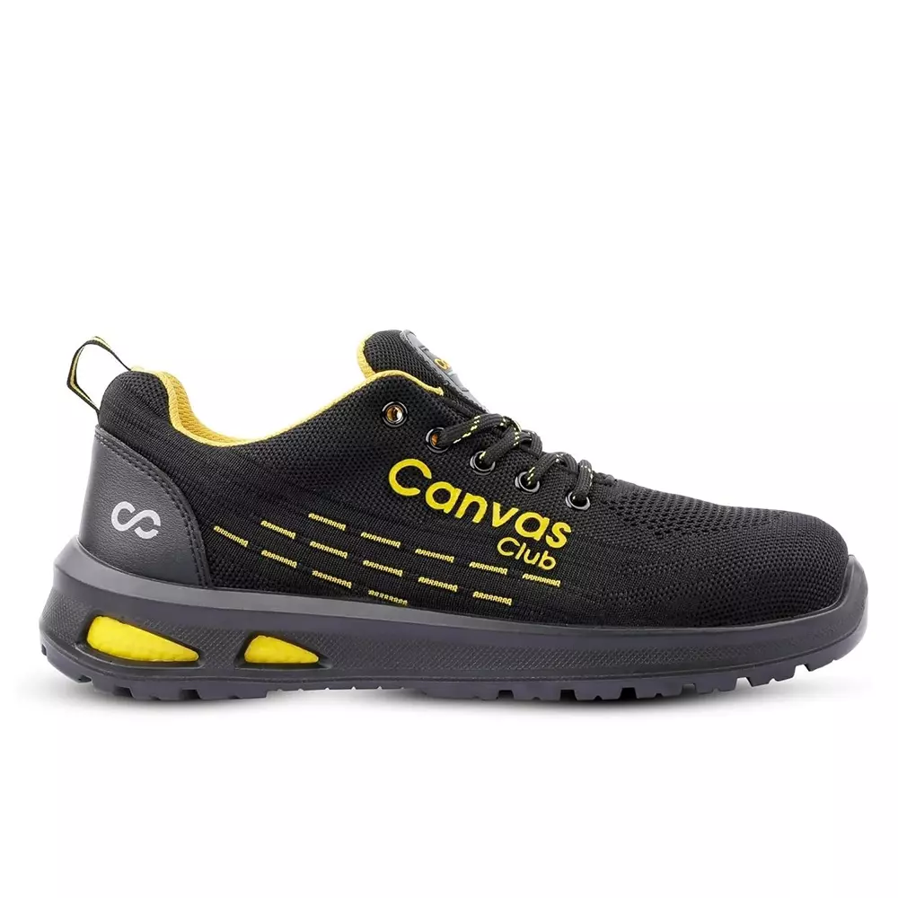 Canvas Club PARMA S1 200 J Steel Toe Safety Shoe Low Ankle PU Sole UK 11 Size Black & Yellow Premium Knitted Textile