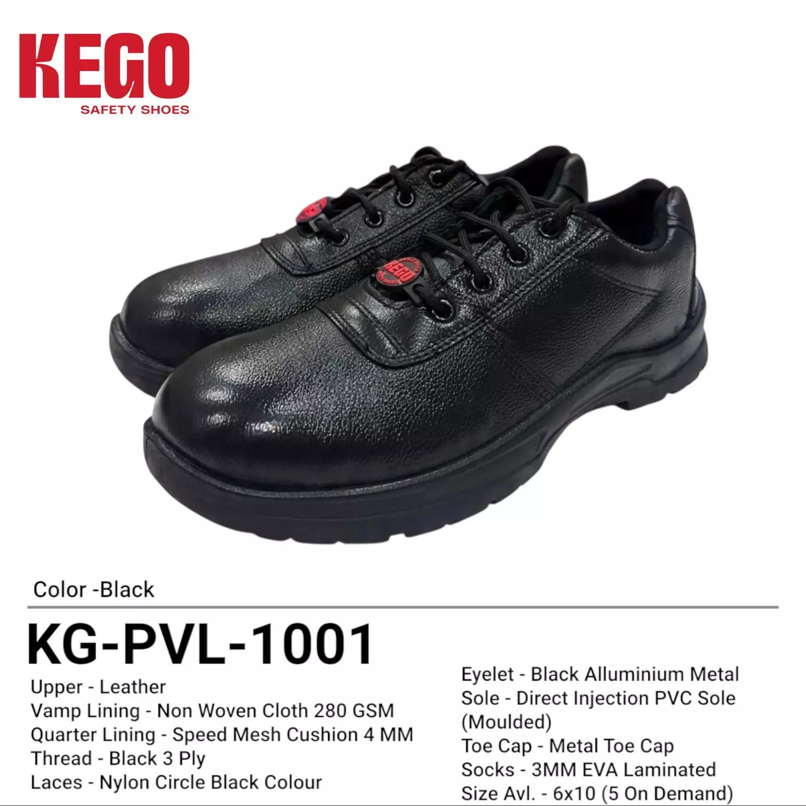 KEGO Safety Shoes Metal Toe Low Ankle Direct Injection PVC (Moulded) Sole Black UK 9, KG-PVL-1001 (1 Pair)