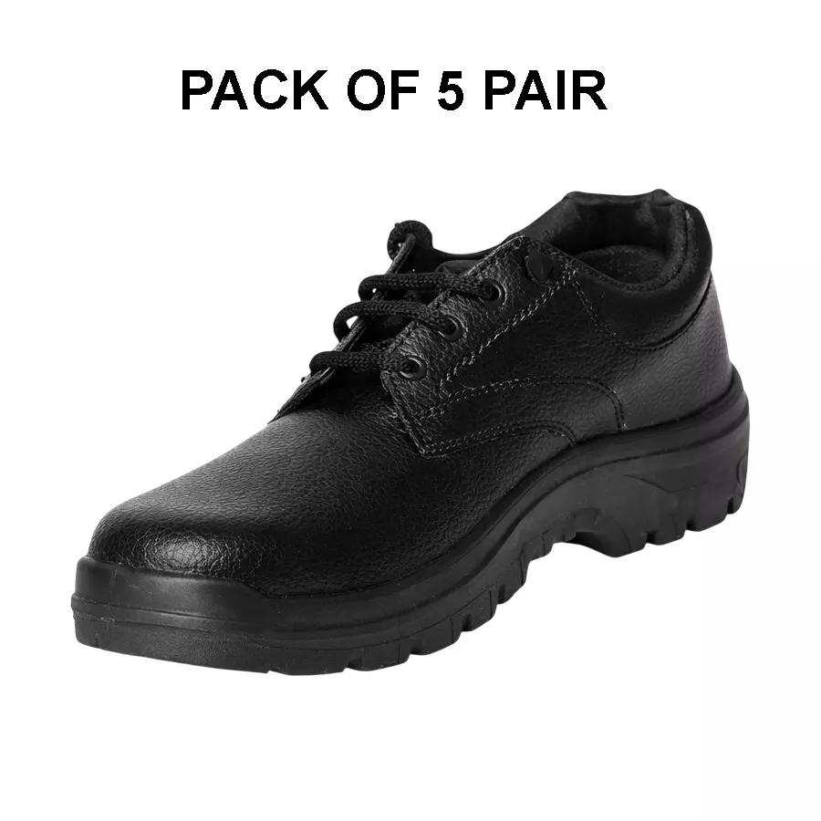 safe-n-sure-rocky-safety-shoe-low-ankle-pvc-sole-steel-toe-genuine-leather-black-size-uk-7-pack-of-5-pair