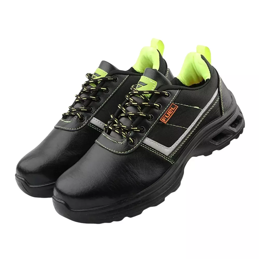 Fuel Low Ankle Safety Shoes Steel Toe (100J) PVC Sole Black & Green UK 8 for Industrial, Factory & Warehouse Use, Carbon