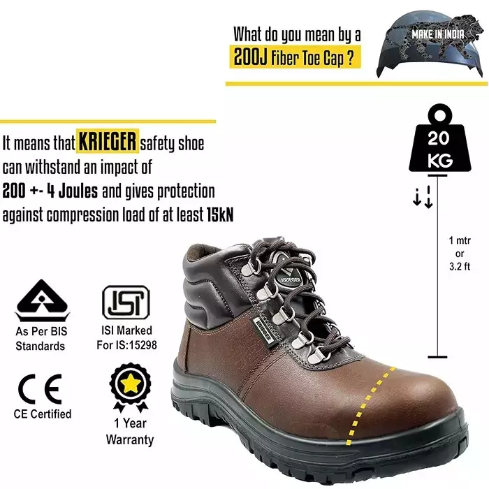 Krieger Fiber Toe Safety Shoes High Ankle Rubber Double Density Sole Leather Size UK 6 Brown, 82383-KR3001-6