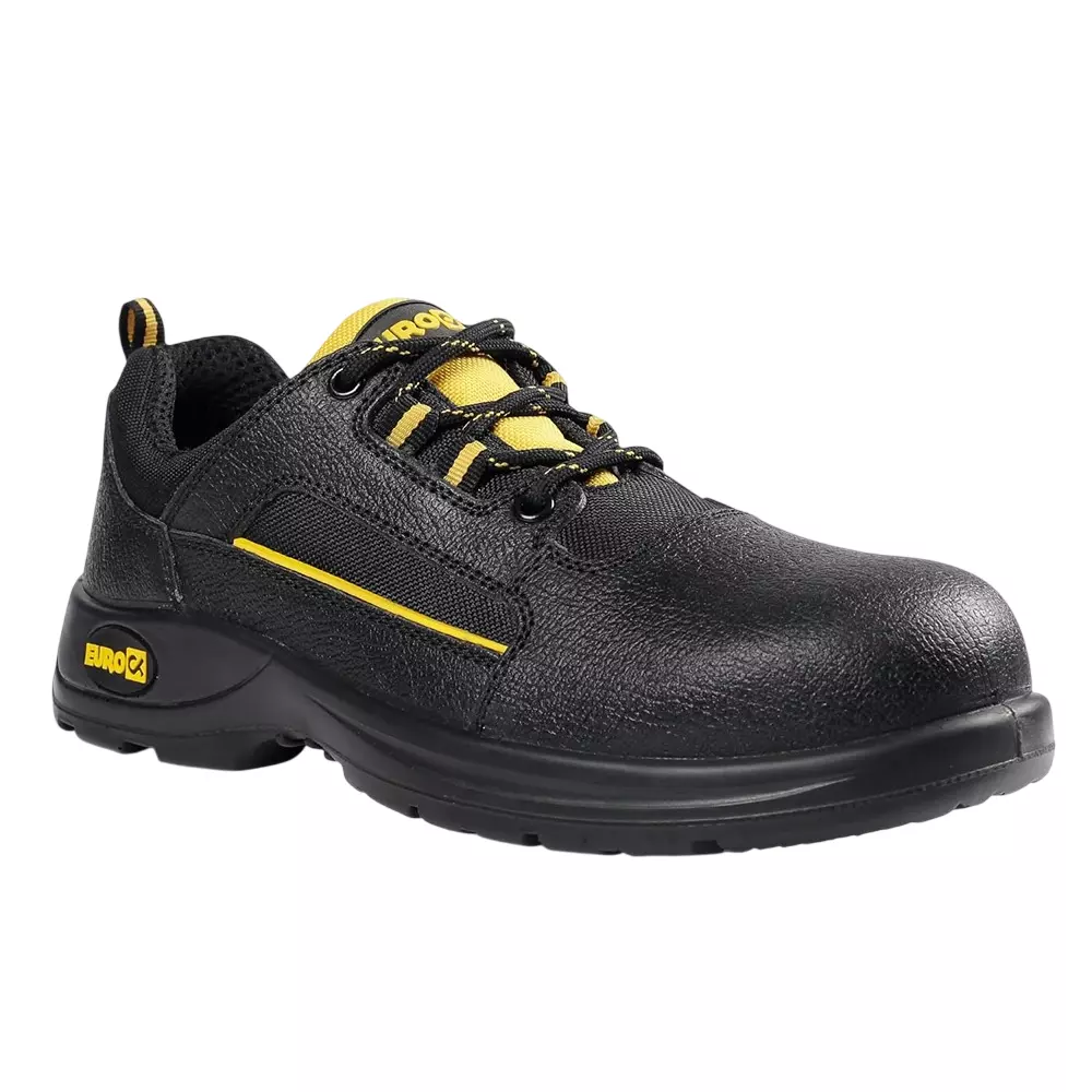 Eurock Steel Toe Safety Shoes Low Ankle Single Density PU Sole Black Grain Leather Size UK 6, Speed