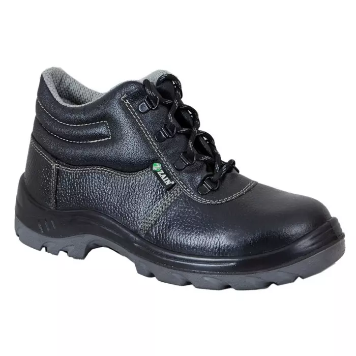 Zain Safety Economical Steel Toe Safety Shoes PU Double Density High Ankle Black Buff Barton Genuine Leather Size UK10, ZM-444